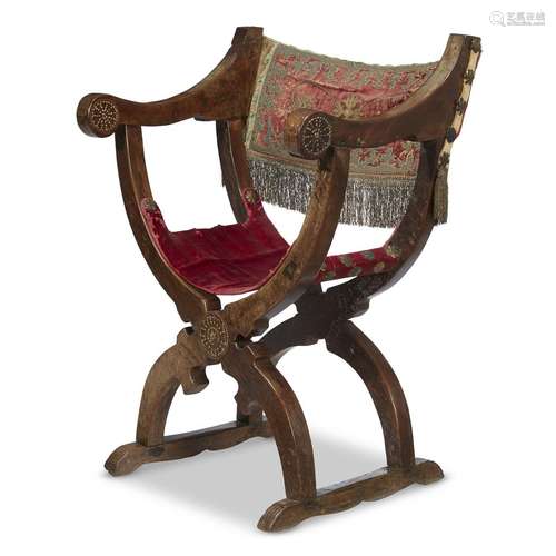 A SPANISH BAROQUE IVORY-INLAID WALNUT CURULE ARMCHAIR