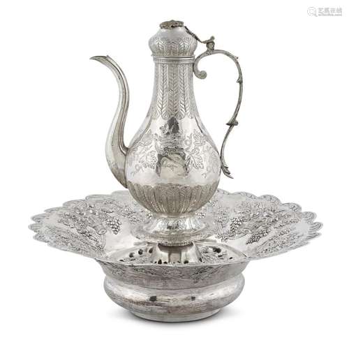 AN OTTOMAN SILVER EWER AND BASIN STAMPED WITH THE TUGHRA OF SULTAN ABDULHAMID II (R. 1842-1918)