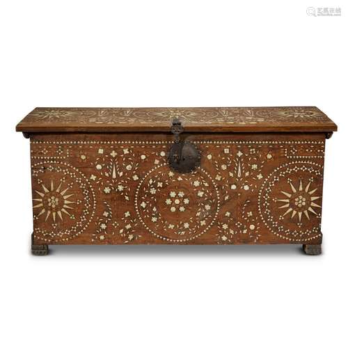 A HISPANO-MORESQUE BONE-INLAID AND POLYCHROME PAINTED WALNUT CHEST