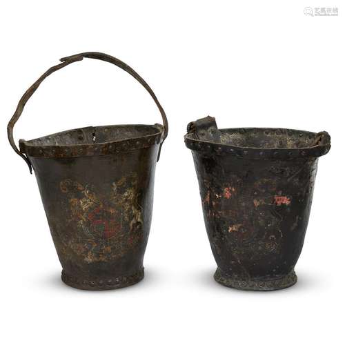 A PAIR OF GEORGIAN LEATHER ARMORIAL FIRE BUCKETS