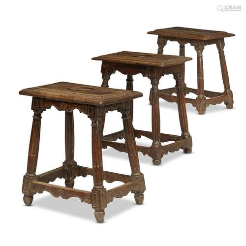 THREE SPANISH BAROQUE WALNUT JOINED STOOLS