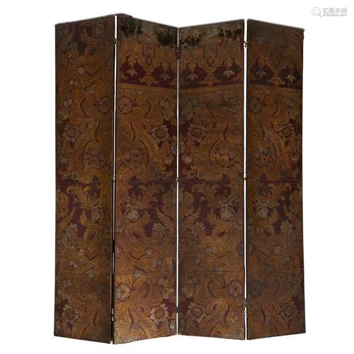 TWO SPANISH OR PERUVIAN STAMPED AND POLYCHROME CORDOVAN LEATHER FOUR PANEL FLOOR SCREENS