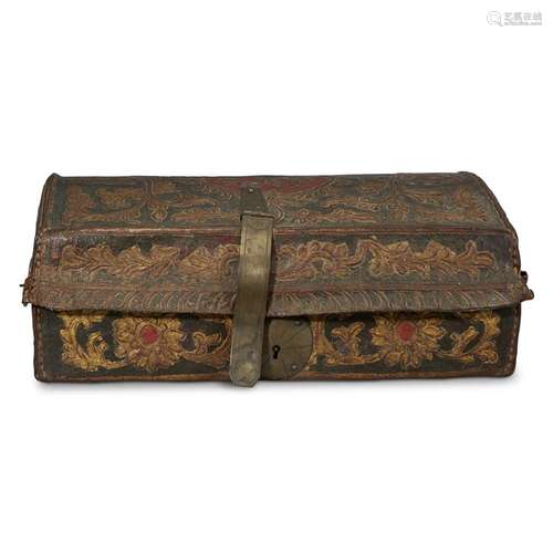 A SPANISH IRON-MOUNTED EMBOSSED AND POLYCHROME CORDOVAN LEATHER CHEST