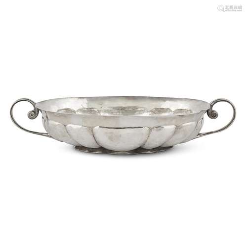 A MEXICAN SILVER TWO HANDLED LOBED VEGETABLE DISH