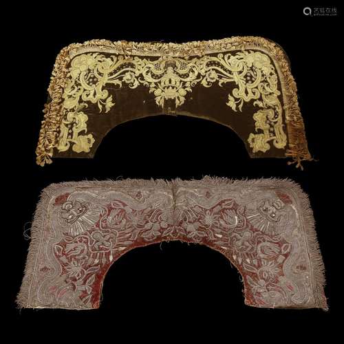 TWO SPANISH SILK AND SILVER THREAD EMBROIDERED SILK VELVET SADDLE COVERS