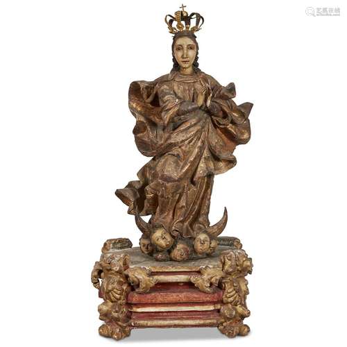 A SPANISH GILT AND POLYCHROME GESSO AND CARVED WOOD FIGURE OF THE VIRGIN OF THE IMMACULATE CONCEPTION