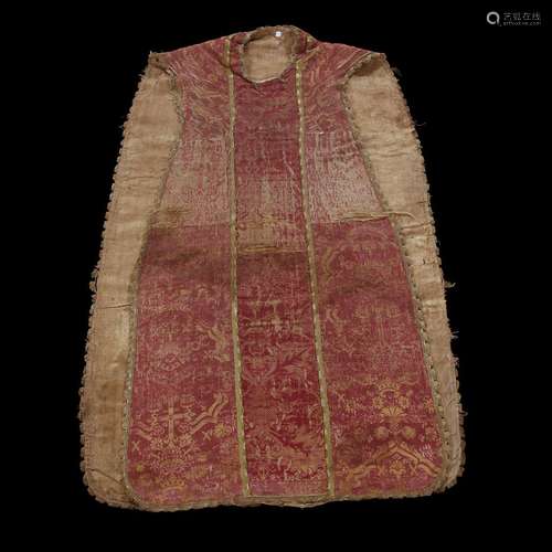 AN ITALIAN OR SPANISH RED AND GOLD SILK LAMPAS CHASUBLE