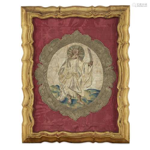 AN ITALIAN  SILK EMBROIDERED ORPHREY PANEL DEPICTING ST. PAUL