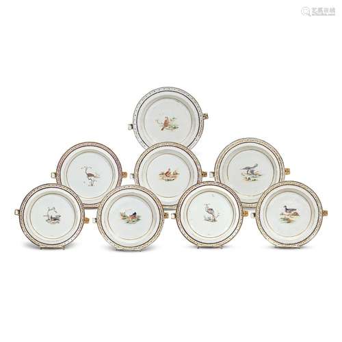 EIGHT CHINESE EXPORT PARCEL-GILT AND ENAMELED PORCELAIN WARMING DISHES WITH BIRDS