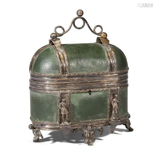 A FRENCH OR GERMAN SILVERED COPPER AND BRONZE MOUNTED GREEN LEATHER CASKET