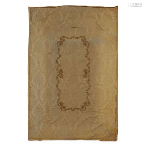 AN ITALIAN SILK DAMASK COVERLET WITH METAL THREAD EMBROIDERED CARTOUCHE