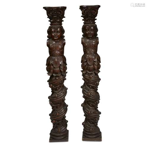 A PAIR OF WILLIAM & MARY CARVED OAK FIGURAL SOLOMONIC COLUMNS