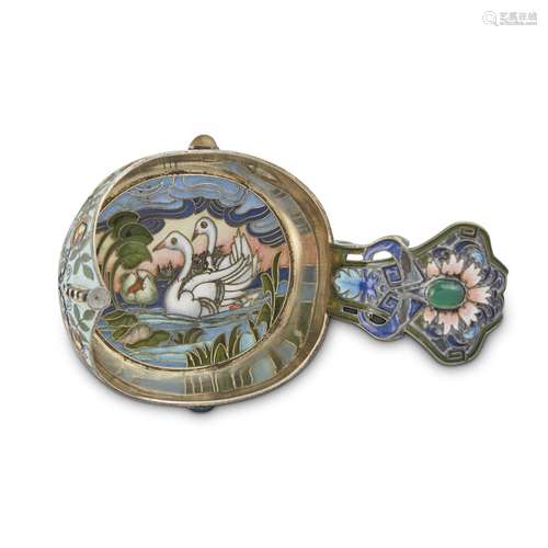 A RUSSIAN GEM-SET SILVER, SILVER-GILT AND SHADED CLOISONNÉ ENAMEL KOVSH