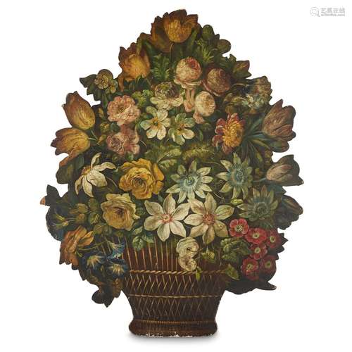 AN ENGLISH PAINTED WOOD FIRESCREEN IN THE FORM OF A FLOWER BASKET