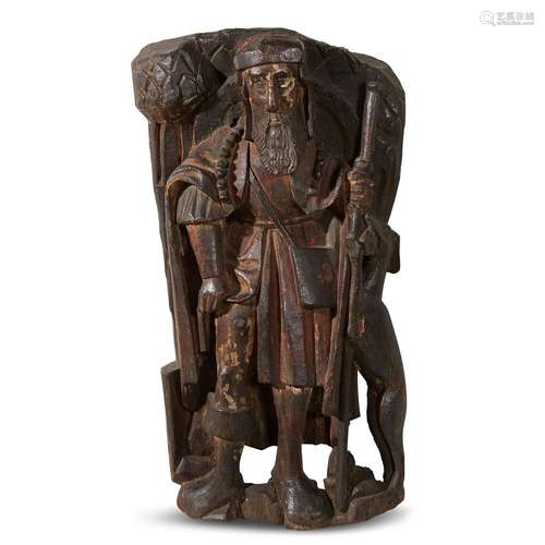 A FRENCH LATE GOTHIC CARVED WALNUT FIGURE OF SAINT ROCH WITH TRACES OF ORIGINAL PIGMENT