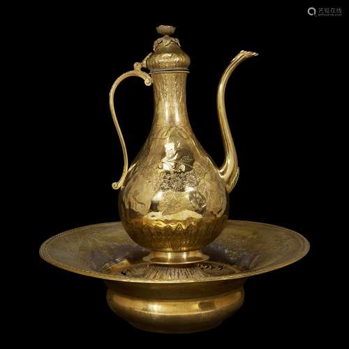 AN OTTOMAN GILT-COPPER (TOMBAK) EWER AND BASIN