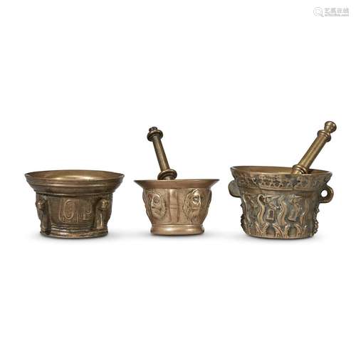 THREE SPANISH CAST BRONZE MORTARS