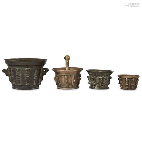 FOUR SPANISH CAST BRONZE MORTARS