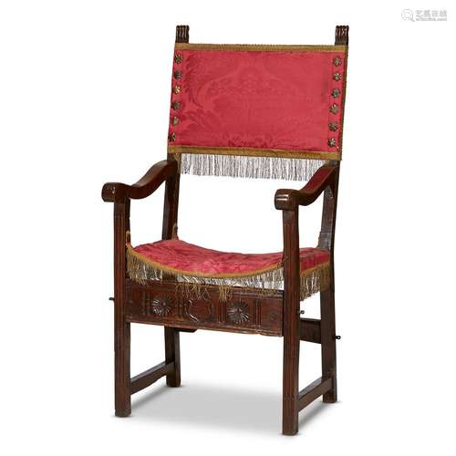 A SPANISH BAROQUE WALNUT MONK'S CHAIR WITH SILK DAMASK UPHOLSTERY