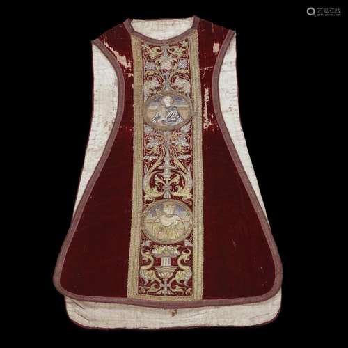 A SPANISH SILK AND GOLD THREAD EMBROIDERED SILK VELVET CHASUBLE