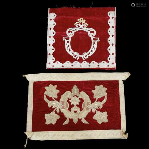 TWO SPANISH OR MEXICAN METAL THREAD EMBROIDERED SILK VELVET CUSHION COVERS