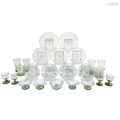 AN EXTENSIVE MEXICAN BLOWN AQUAMARINE GLASS DINNER SERVICE