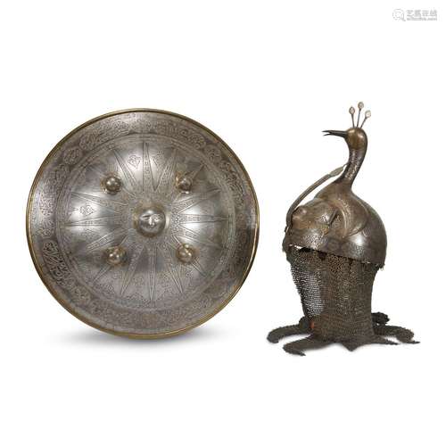 A QUAJAR SILVER AND GOLD-OVERLAID STEEL HELMET (DAHL) AND MATCHING SHIELD (KHULA KHUD)