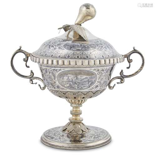 A RUSSIAN SILVER-GILT NIELLO COVERED COMPOTE