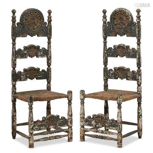 A PAIR OF SPANISH COLONIAL POLYCHROME PAINTED RUSH-SEAT LADDERBACK CHAIRS