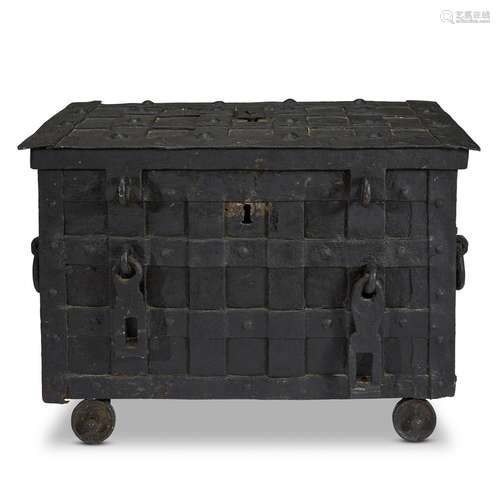 A GERMAN WROUGHT IRON STRONG BOX