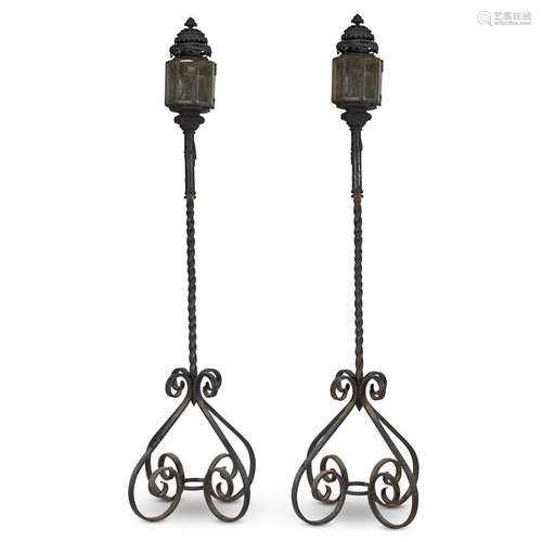 A PAIR OF LARGE WROUGHT IRON LANTERNS