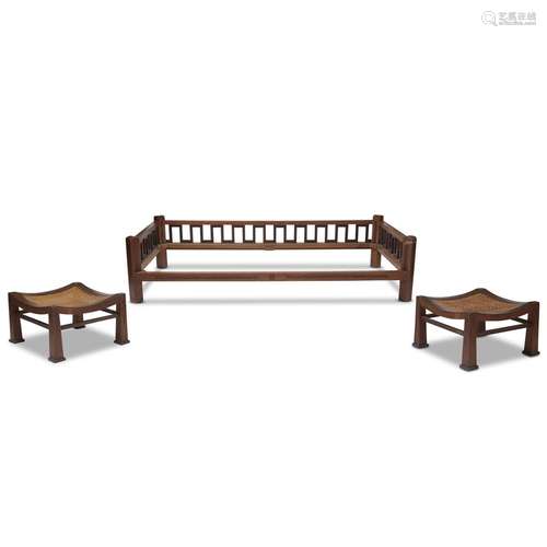 AN INDIAN INLAID TEAK DAYBED AND PAIR OF STOOLS