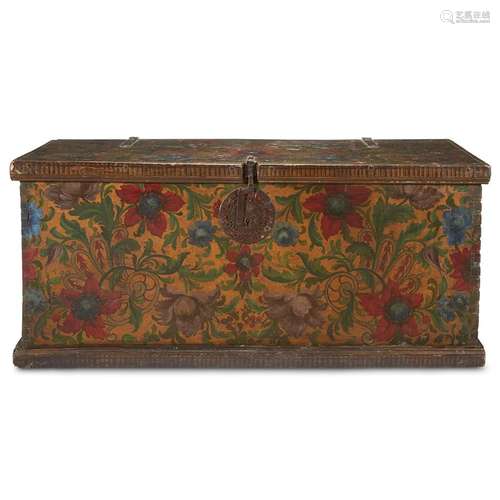 A SPANISH COLONIAL IRON-MOUNTED GILT AND POLYCHROME PAINTED BLANKET CHEST