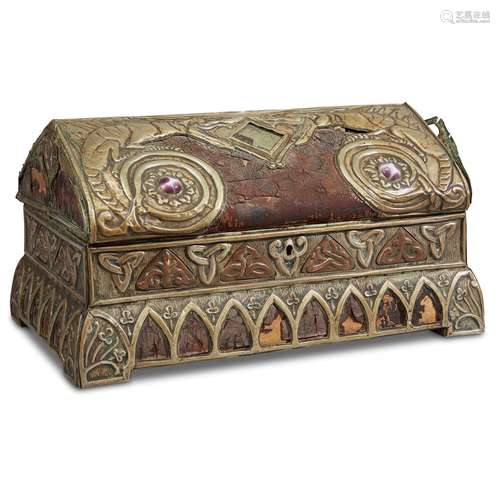 AN ARTS AND CRAFTS METAL, GLASS AND LEATHER-MOUNTED CASKET IN THE VIKING REVIVAL STYLE