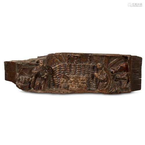 A SPANISH OR SPANISH COLONIAL CARVED AND PAINTED WOOD FRAGMENT DEPICTING THE NATIVITY