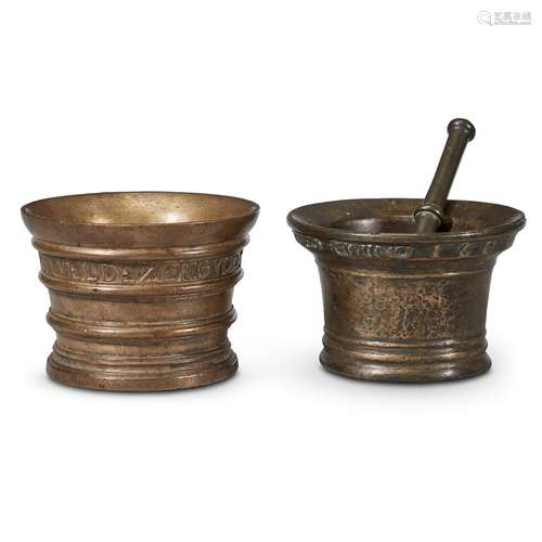 TWO SPANISH CAST BRONZE MORTARS WITH LETTERING