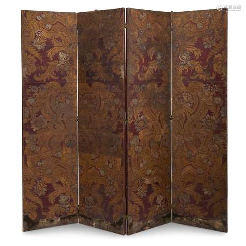 A  SPANISH OR PERUVIAN STAMPED AND POLYCHROME CORDOVAN LEATHER FOUR-PANEL FLOOR SCREEN