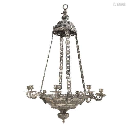 A MEXICAN SILVER EIGHT-LIGHT VOTIVE LAMP IN THE SPANISH COLONIAL STYLE