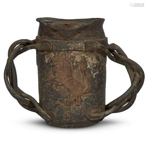 AN EARLY ENGLISH TWO-HANDLED LEATHER FIRE BUCKET