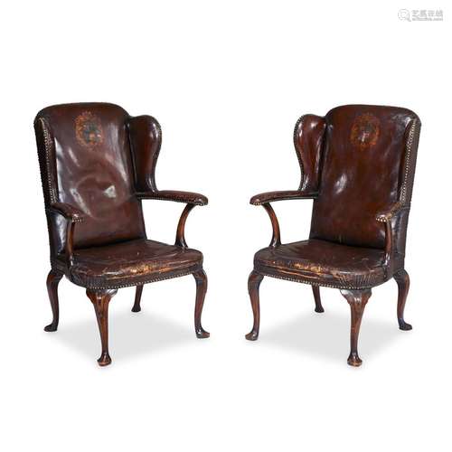 A PAIR OF WILLIAM IV/VICTORIAN MAHOGANY WINGBACK CLUB CHAIRS FROM THE ATHENEUM CLUB