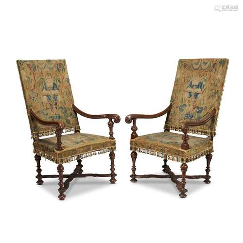 A NEAR PAIR OF WILLIAM & MARY STYLE MAHOGANY ARMCHAIRS