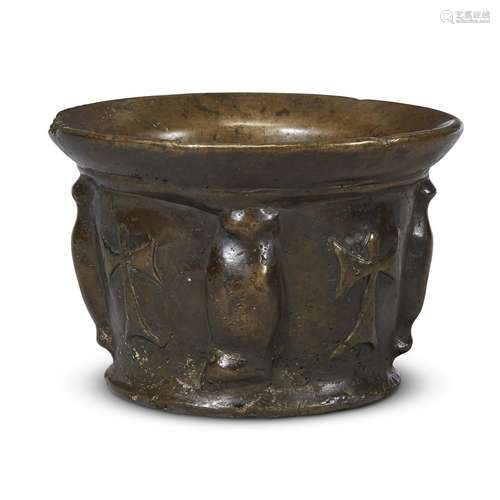 A LARGE SPANISH CAST BRONZE MORTAR DECORATED WITH CROSSES