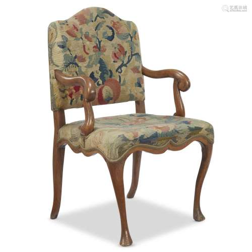 A LOUIS XIV PROVINCIAL BEECHWOOD FAUTEUIL À LA REINE WITH GROS POINT UPHOLSTERY