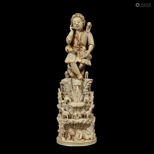 AN INDO- OR CEYLON-PORTUGUESE CARVED IVORY FIGURE OF 'THE DREAM OF THE GOOD SHEPHERD'