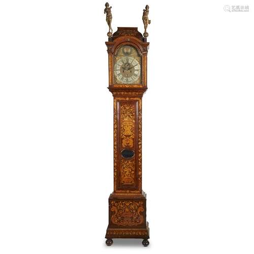 A QUEEN ANNE FLORAL MARQUETRY MAHOGANY TALL CASE CLOCK