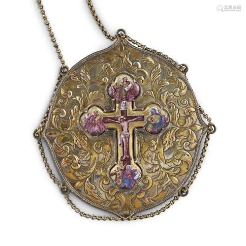 A RUSSIAN ROSTOV ENAMEL-MOUNTED REPOUSSÉ SILVER-GILT GOSPEL COVER DECORATION