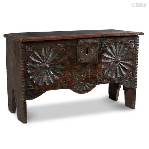 AN ENGLISH IRON-MOUNTED OAK MINIATURE DOWER CHEST