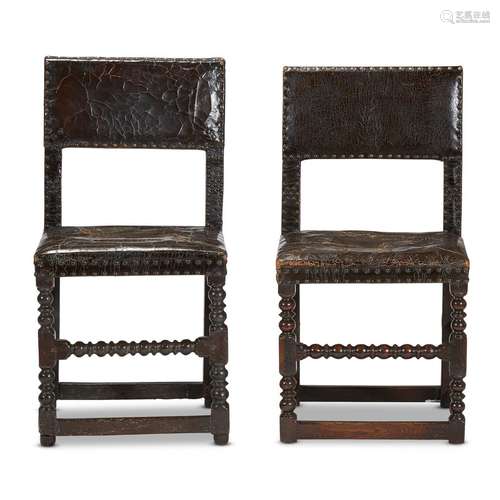 A NEAR PAIR OF CHARLES II OAK SIDE CHAIRS