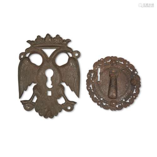 A SPANISH IRON LOCK PLATE AND ESCUTCHEON