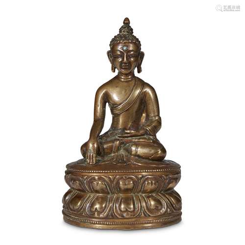 A COPPER ALLOY FIGURE OF SEATED BUDDHA SHAKYAMUNI